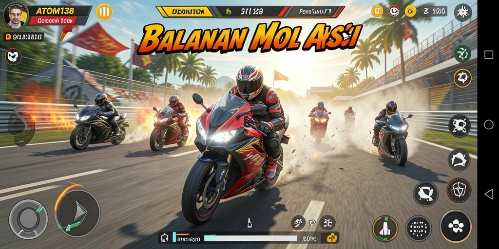 Tampilan gameplay ATOM138 yang mendebarkan saat balapan motor.