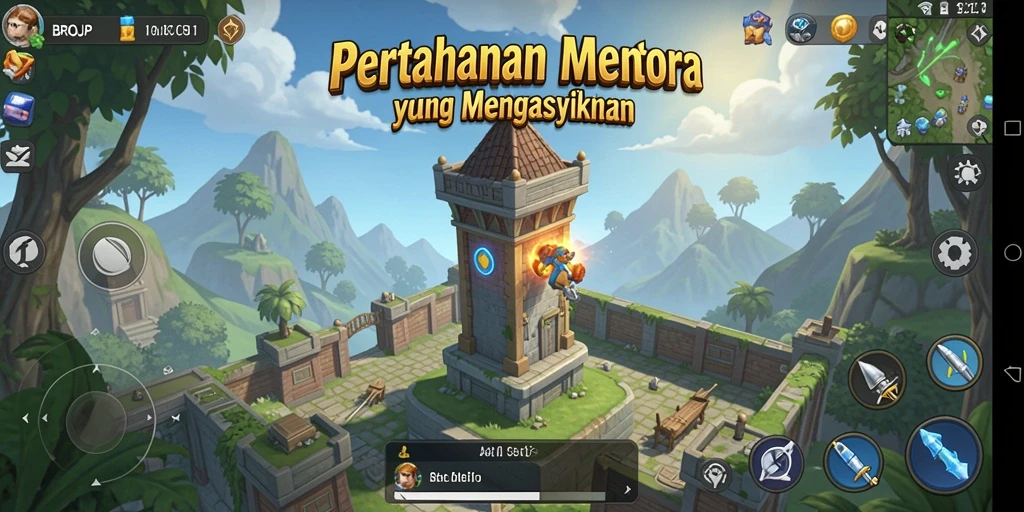 Tampilan gameplay BROJP dengan serangan tower yang intens.