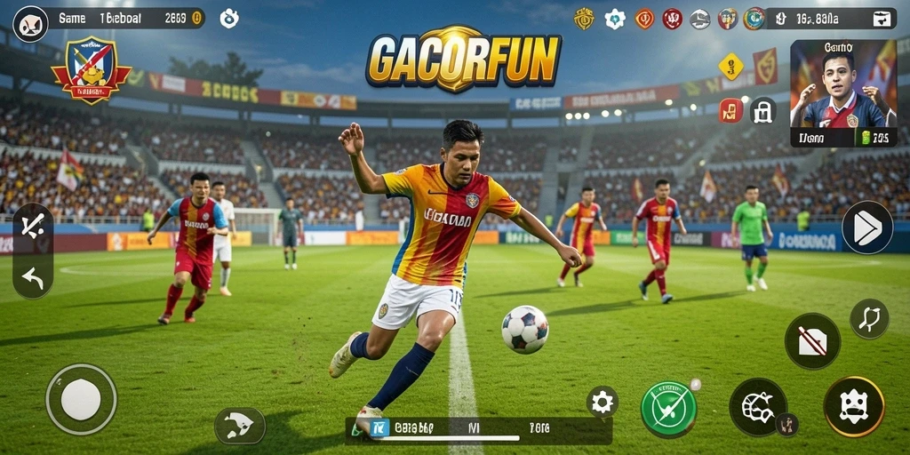 Screenshot gameplay GACORFUN yang menampilkan aksi sepak bola seru.