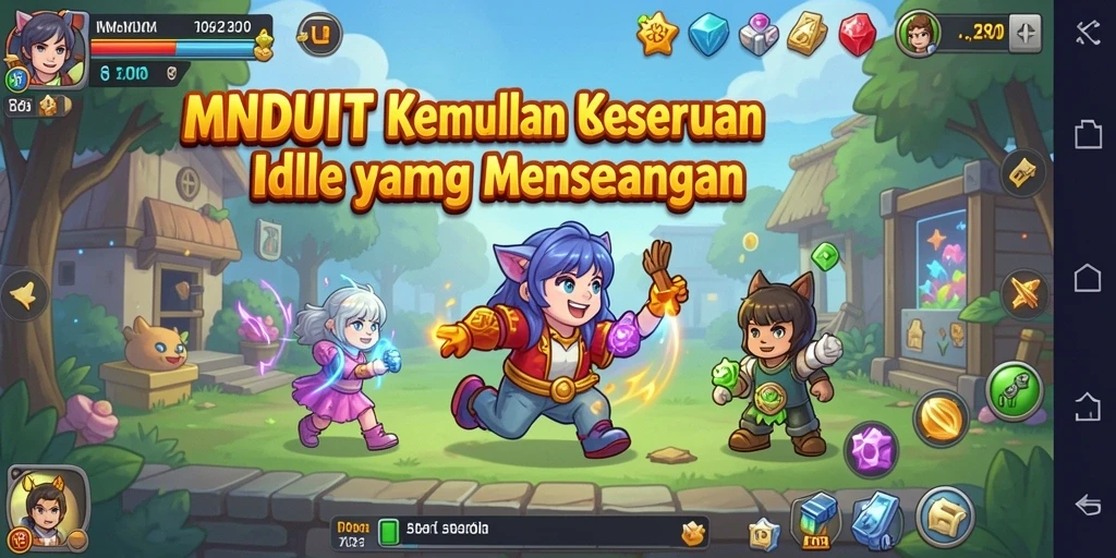 Screenshot gameplay MNDUIT menampilkan karakter lucu dan aktivitas pengumpulan sumber daya yang seru.