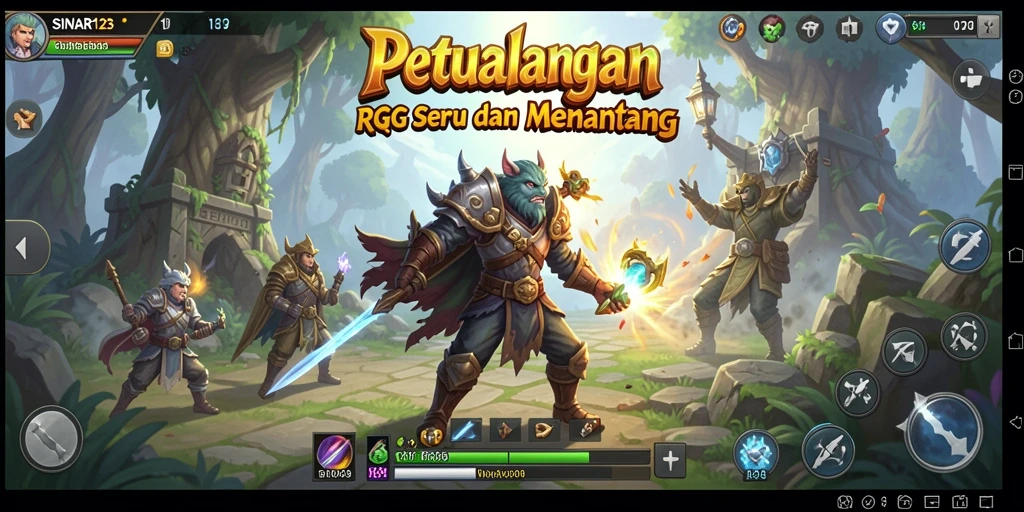 Screenshot gameplay SINAR123 menunjukkan pertempuran epik dan karakter berwarna-warni.