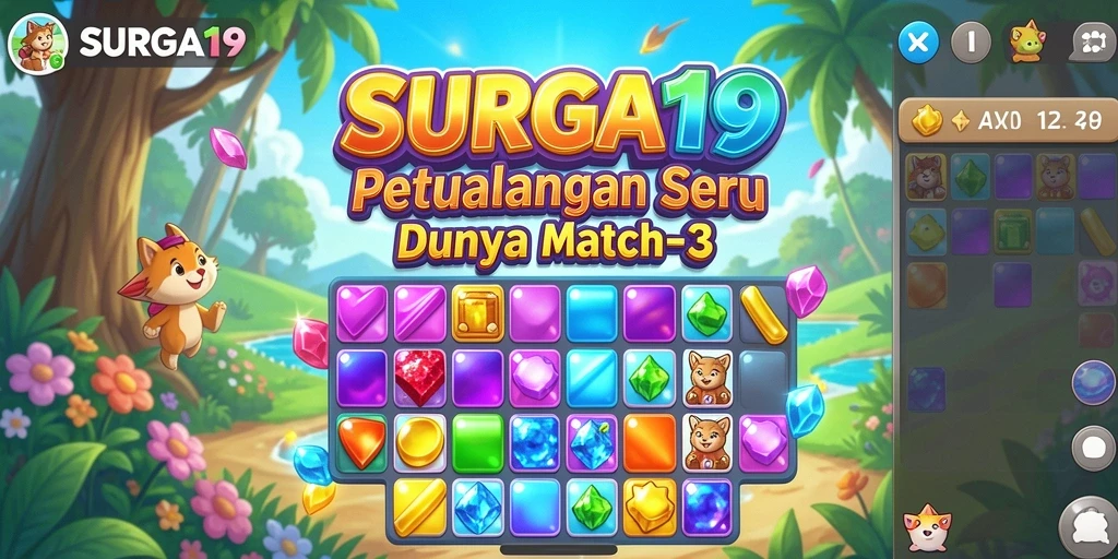 Tangkapan layar SURGA19 menampilkan serunya gameplay match-3 yang penuh warna.